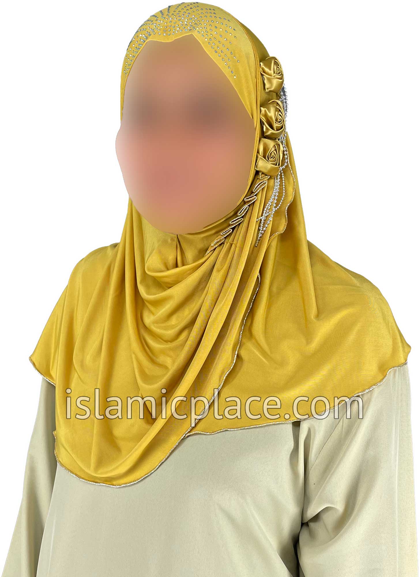 Gold - Roses in a Row Teen to Adult (Large) Hijab Al-Amira (1-piece style) - Design 11