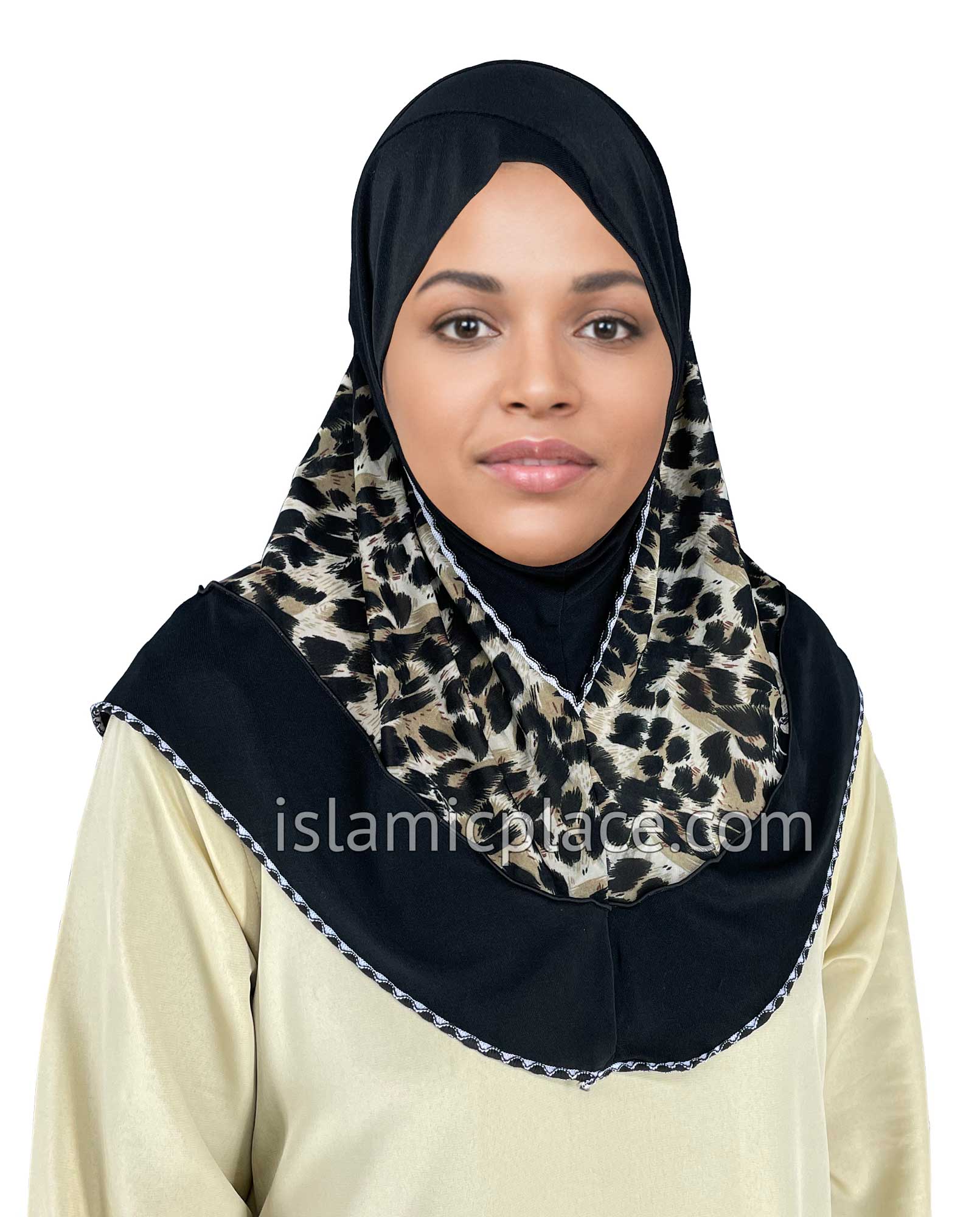 Black - Wild Prints Teen to Adult (Large) Hijab Al-Amira (1-piece style) - Design 13