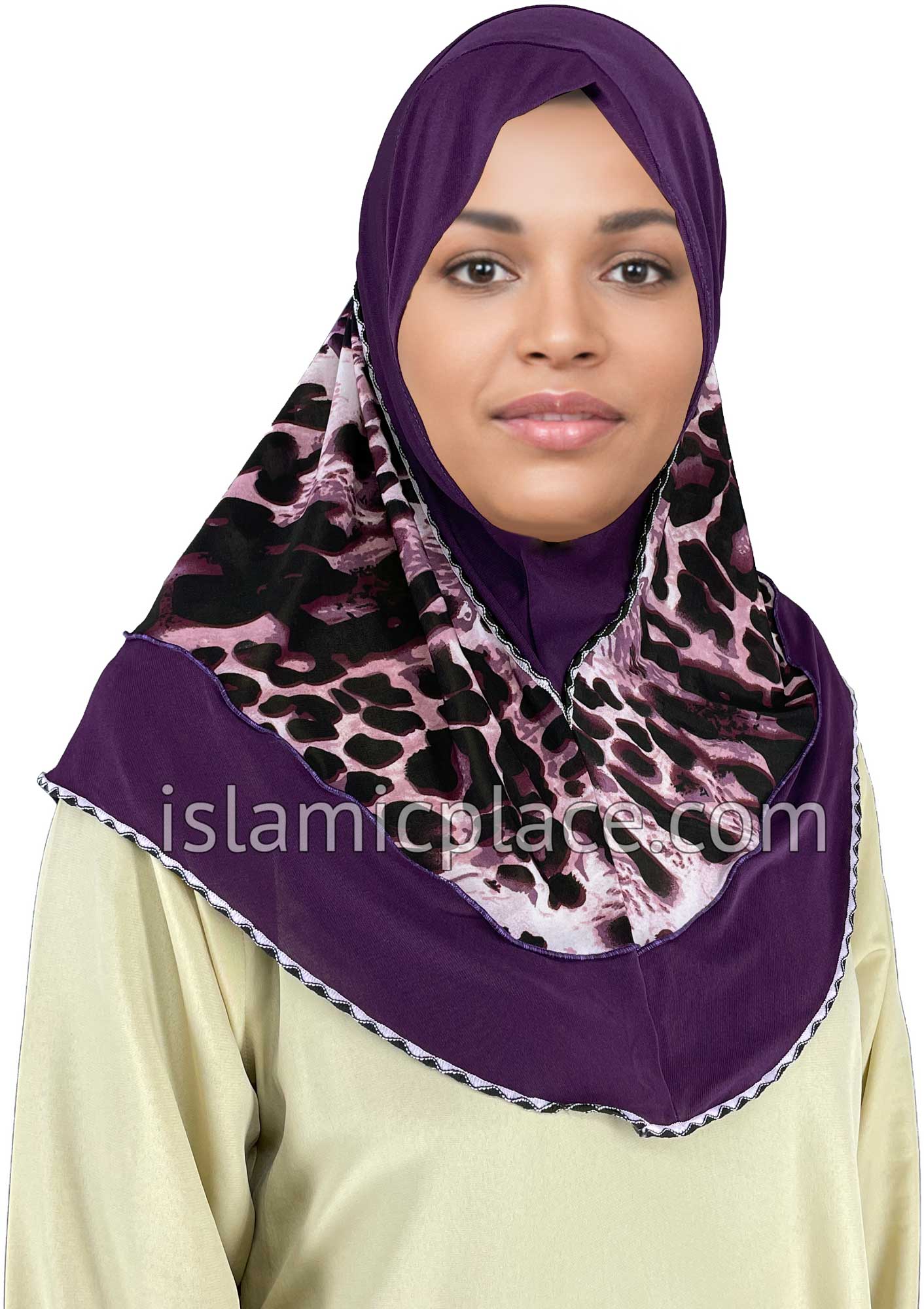 Plum - Wild Prints Teen to Adult (Large) Hijab Al-Amira (1-piece style) - Design 13