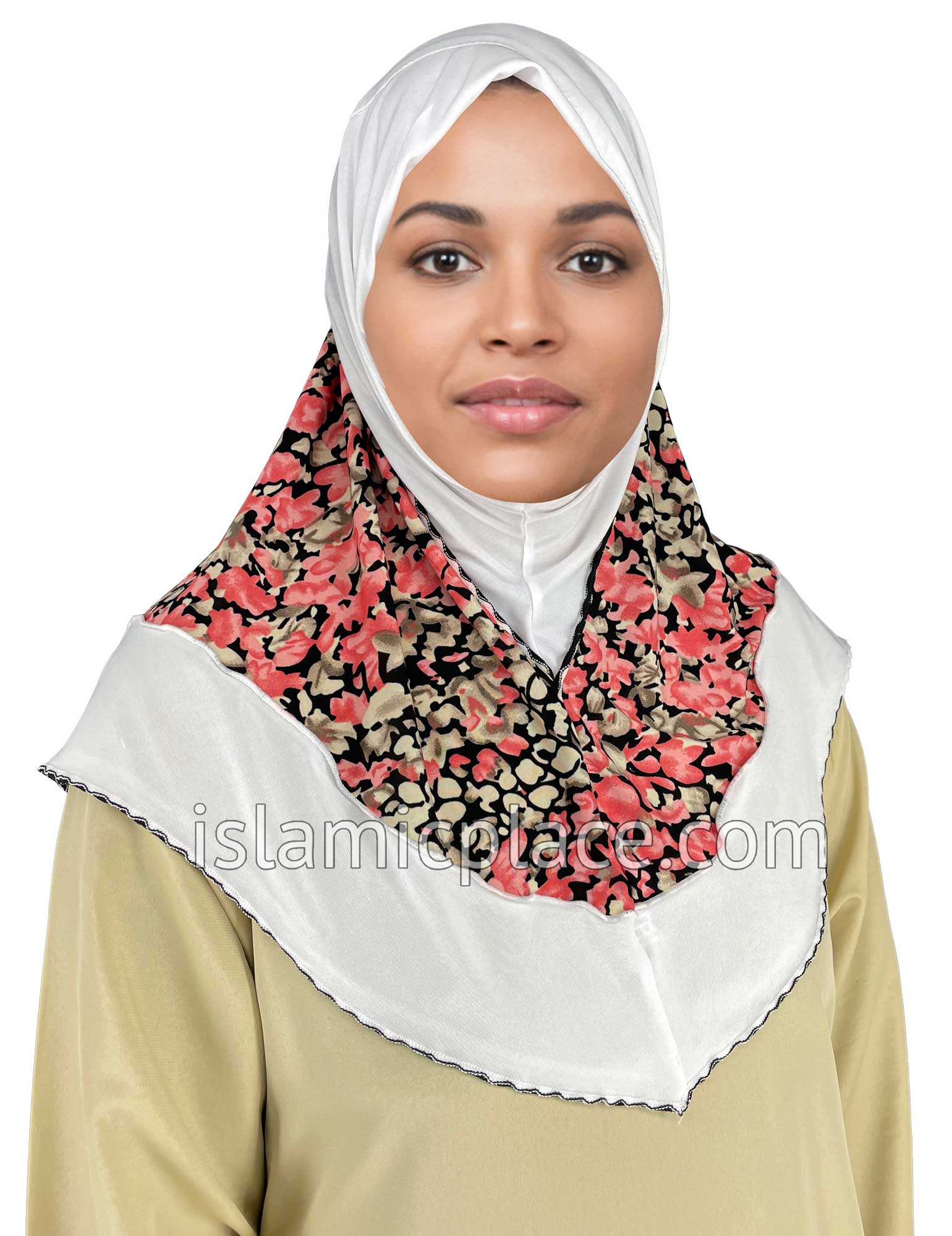 White - Wild Prints Teen to Adult (Large) Hijab Al-Amira (1-piece style) - Design 13