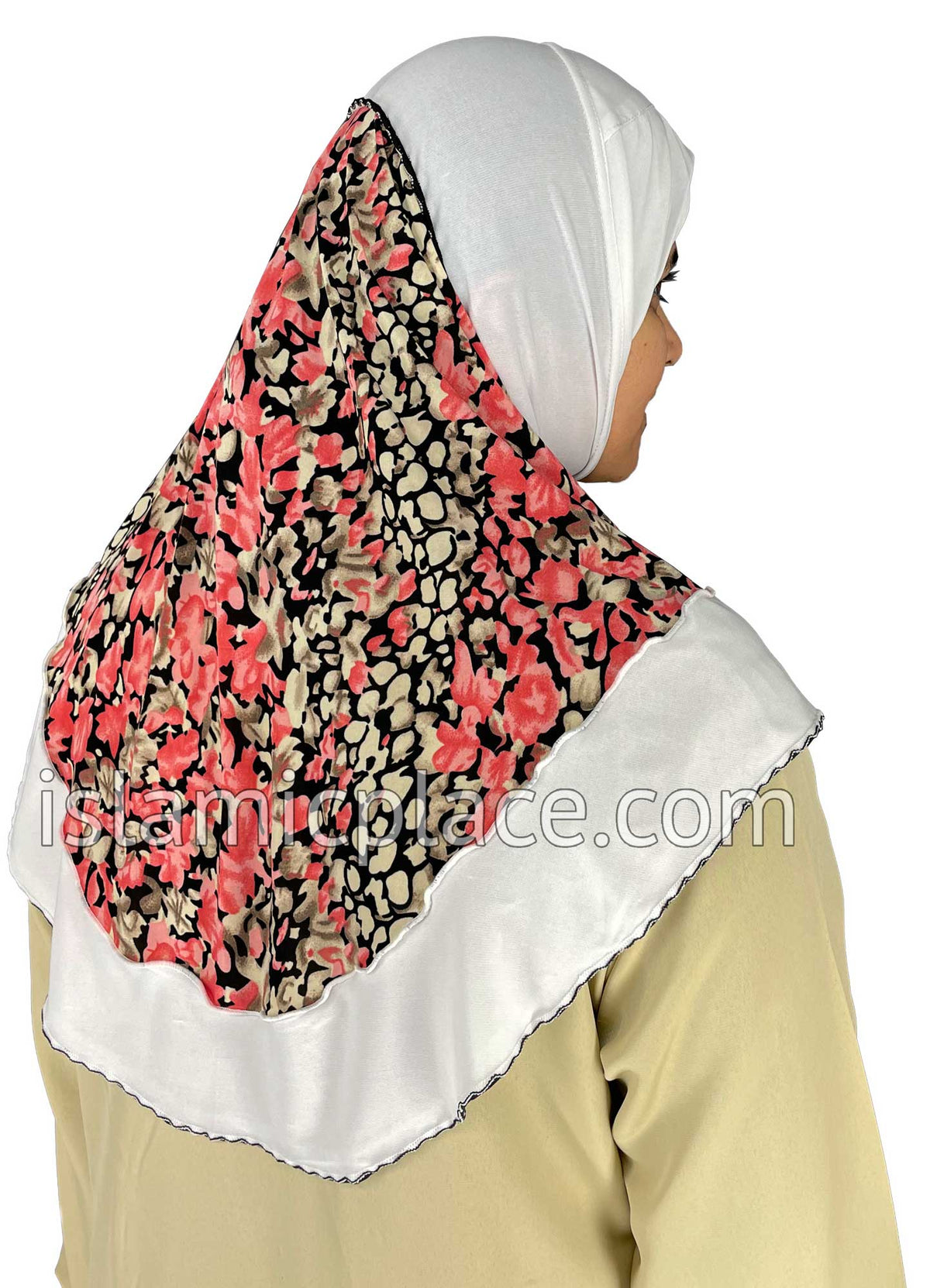 White - Wild Prints Teen to Adult (Large) Hijab Al-Amira (1-piece style) - Design 13