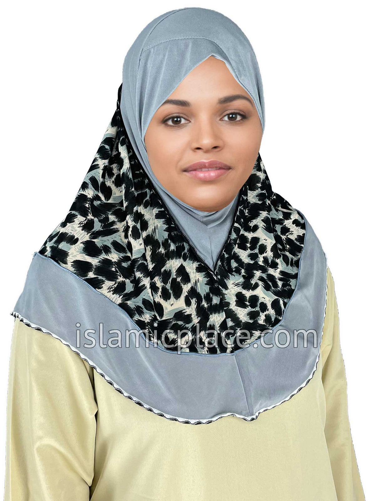 Gray - Wild Prints Teen to Adult (Large) Hijab Al-Amira (1-piece style) - Design 13