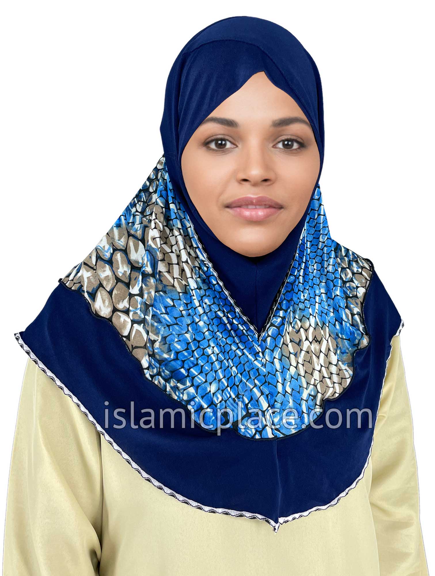 Navy Blue - Wild Prints Teen to Adult (Large) Hijab Al-Amira (1-piece style) - Design 13