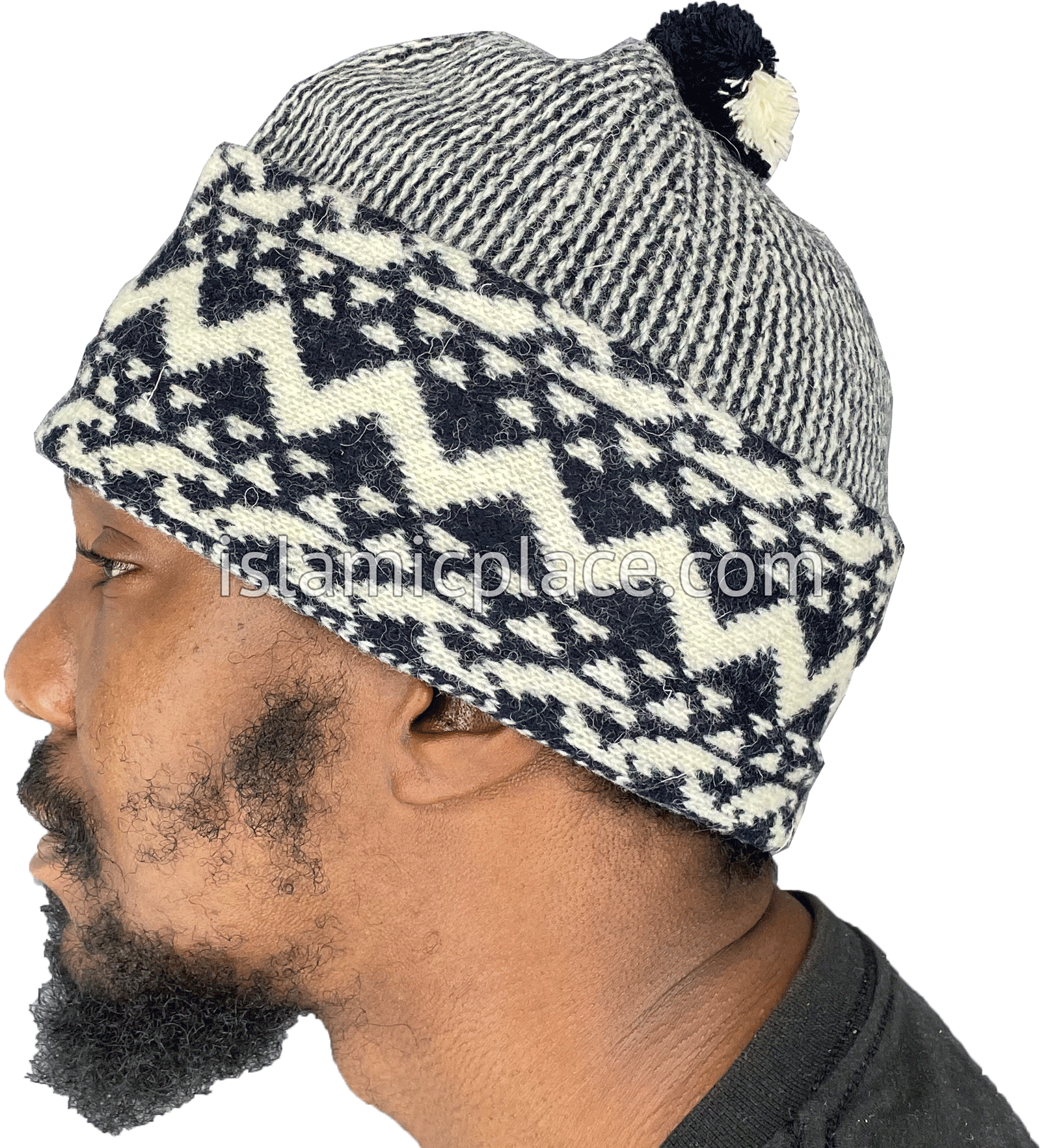 Navy Blue & White - Wool Knitted Wadood Zigzag Style Kufi