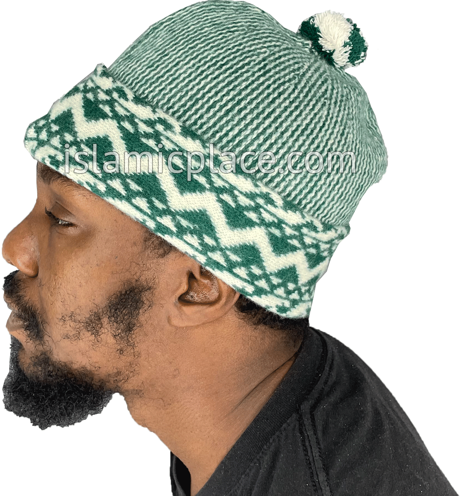 Green & White - Wool Knitted Wadood Zigzag Style Kufi