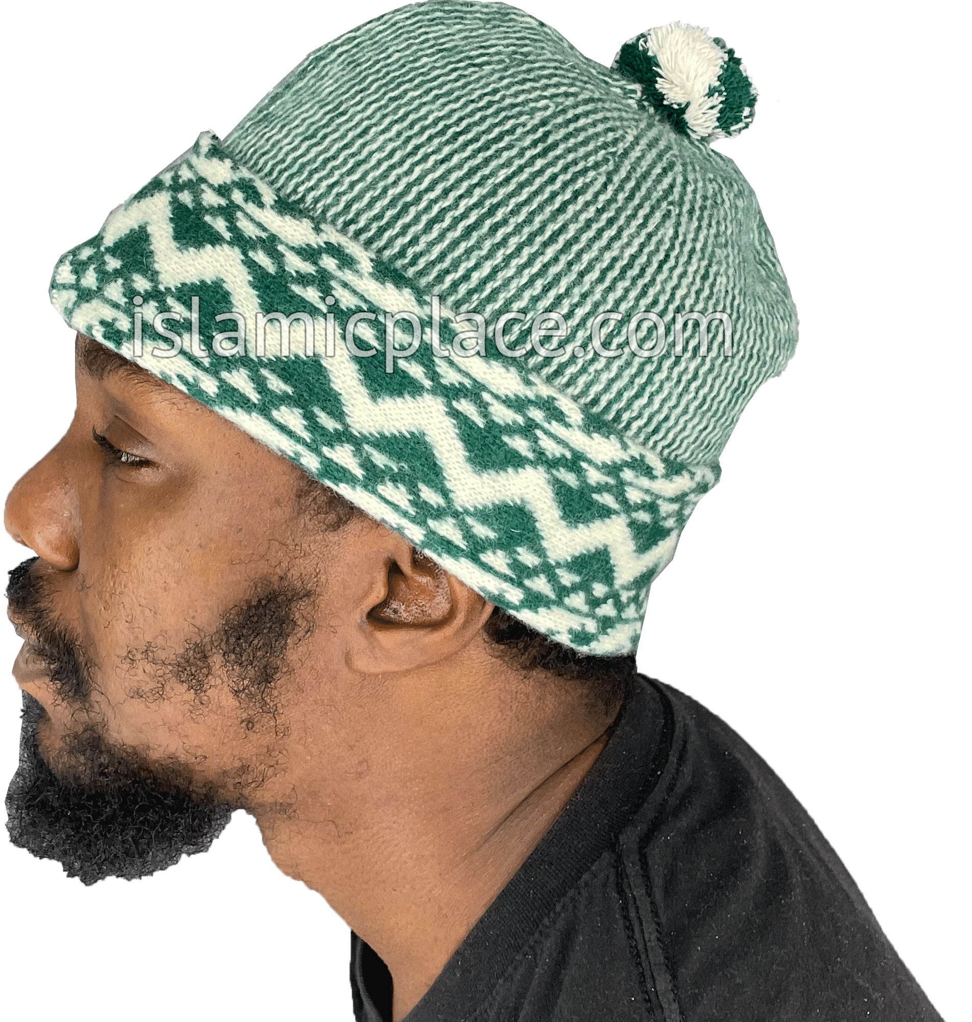 Green & White - Wool Knitted Wadood Zigzag Style Kufi