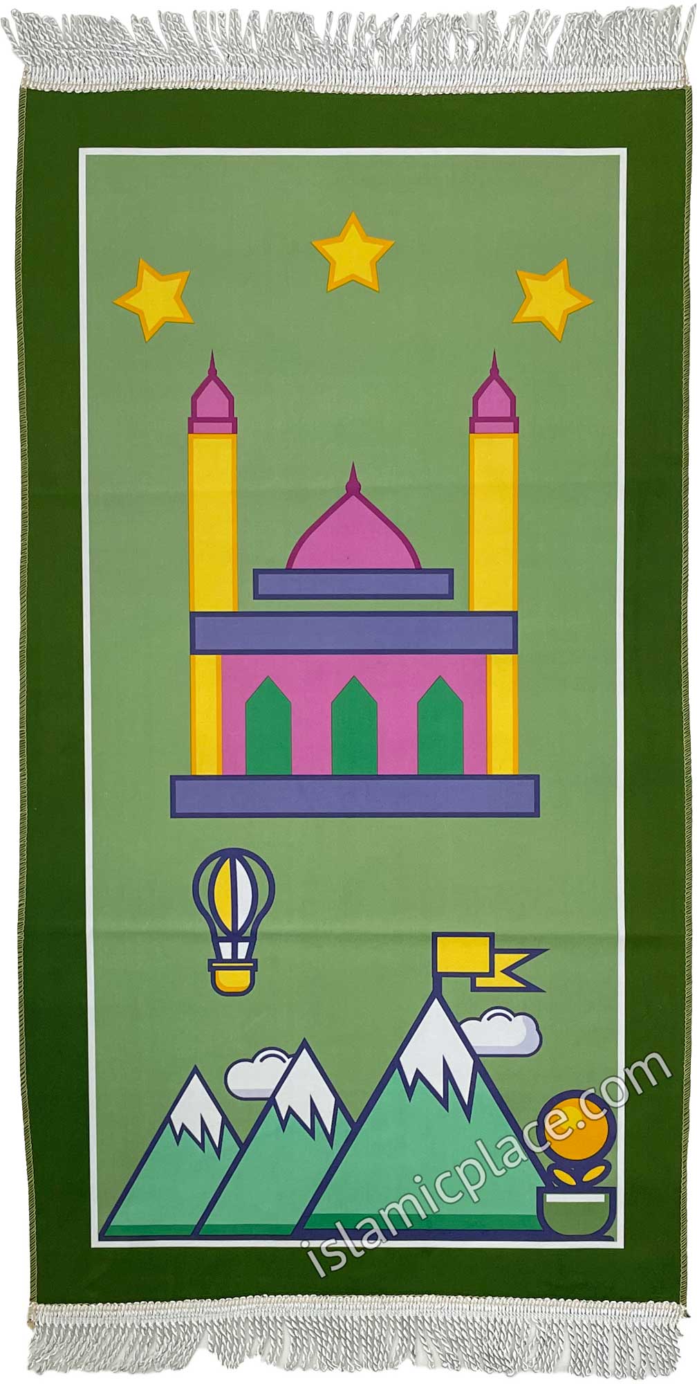 Green - Masjid Design Prayer Rug with Three Bright Stars (Junior Size)