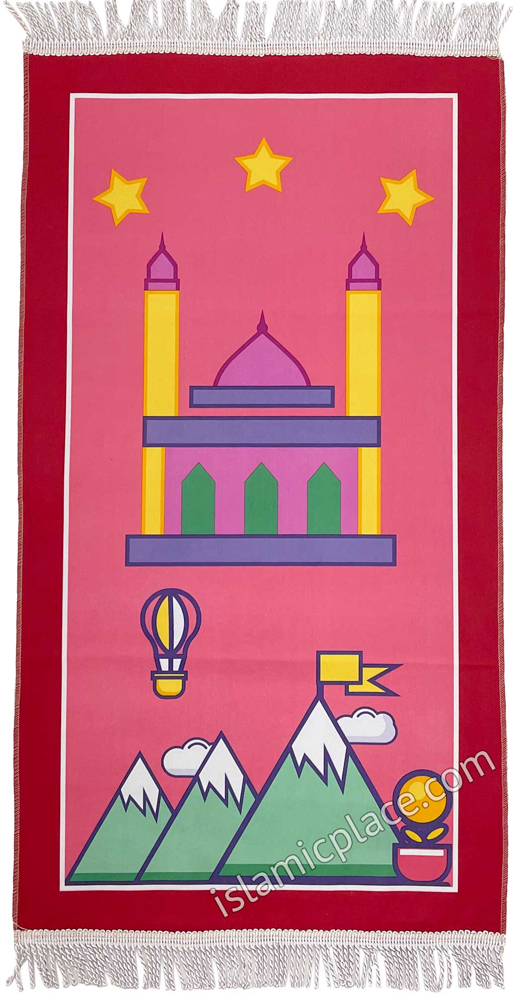 Red - Masjid Design Prayer Rug with Three Bright Stars (Junior Size)