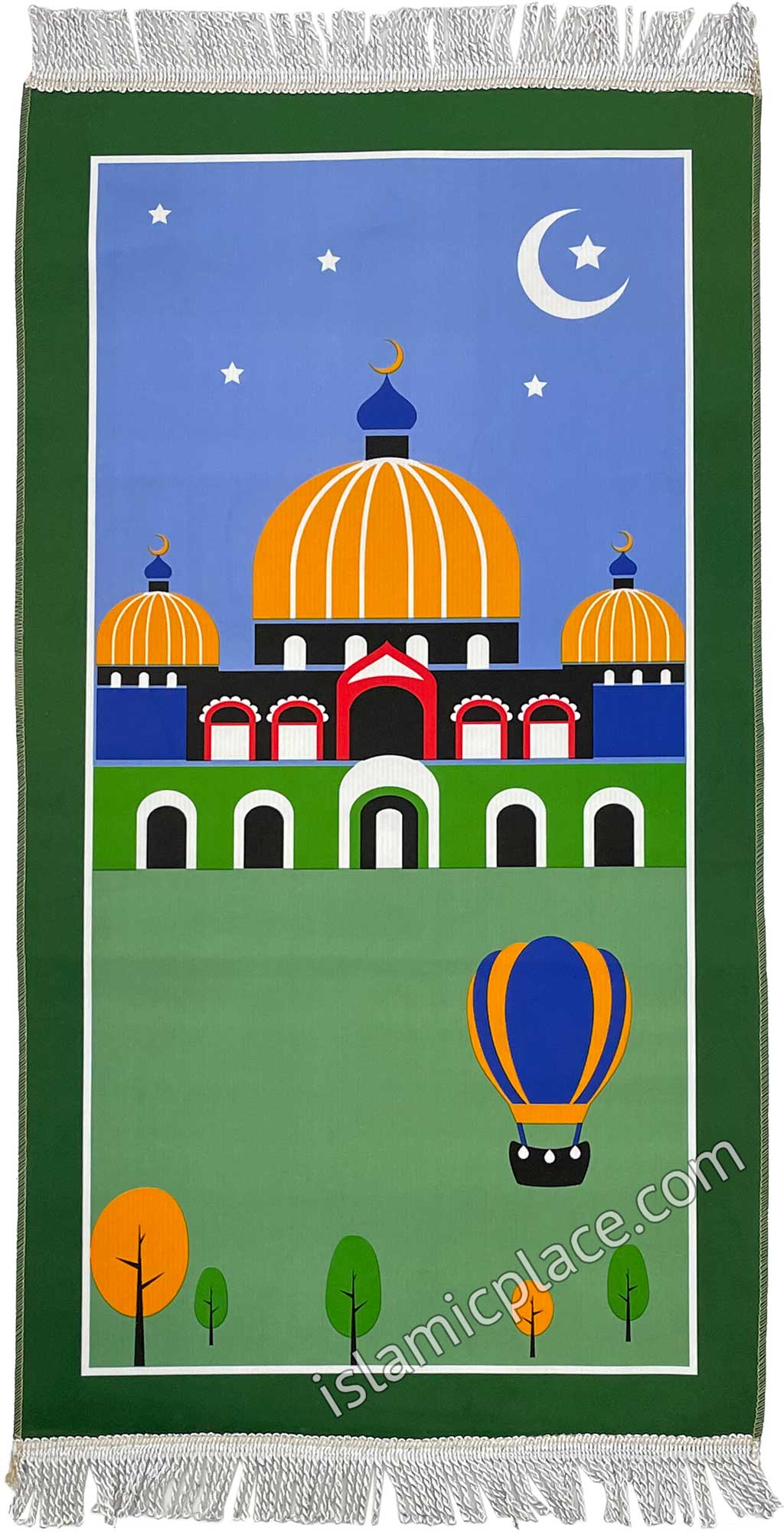 Green - Masjid Design Prayer Rug with a Crescent Moon (Junior Size)