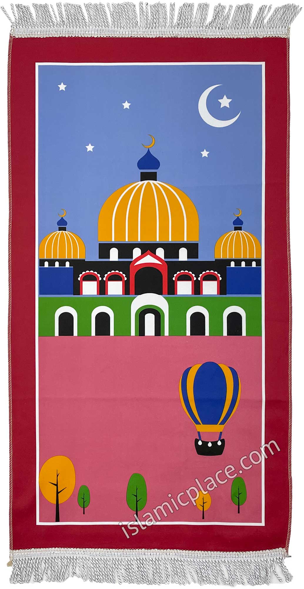 Red - Masjid Design Prayer Rug with a Crescent Moon (Junior Size)