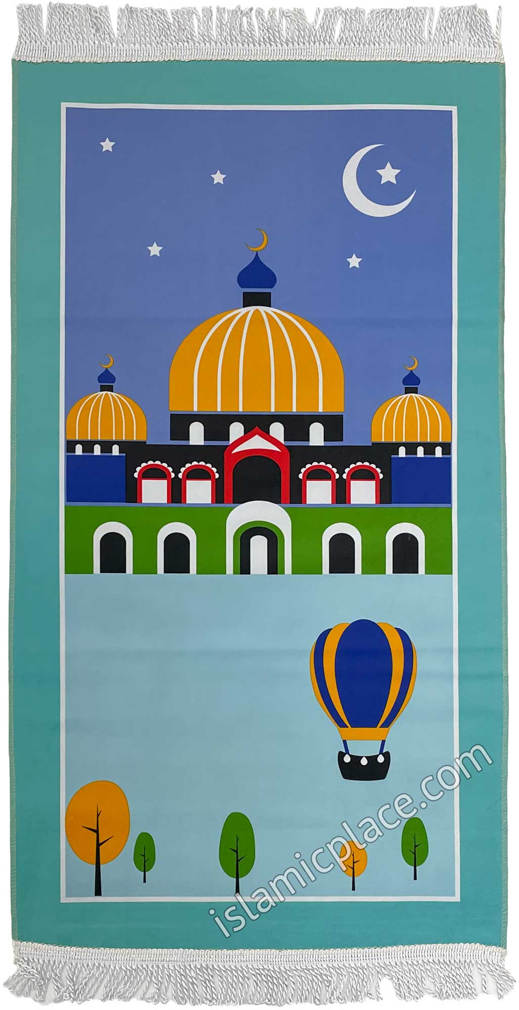 Teal Blue - Masjid Design Prayer Rug with a Crescent Moon (Junior Size)