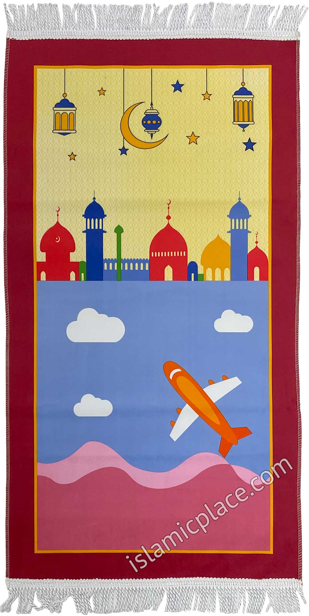 Red - Islamic Lanterns Design Prayer Rug with Minaret Design (Junior Size)