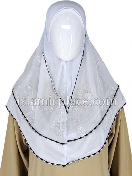 White - Floral Sketch Hijab Al-Amira Teen to Adult (Large) - Design 9