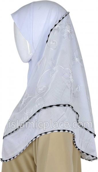 White - Floral Sketch Hijab Al-Amira Teen to Adult (Large) - Design 9