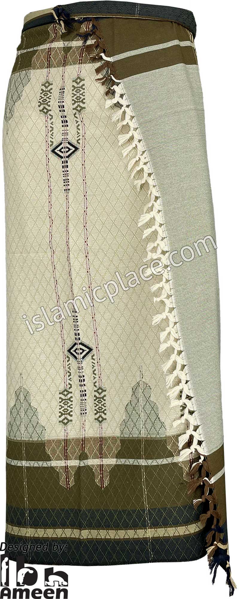 Cream with Olive and Black - Mujahid Design Men Yemeni Lungi Izzar