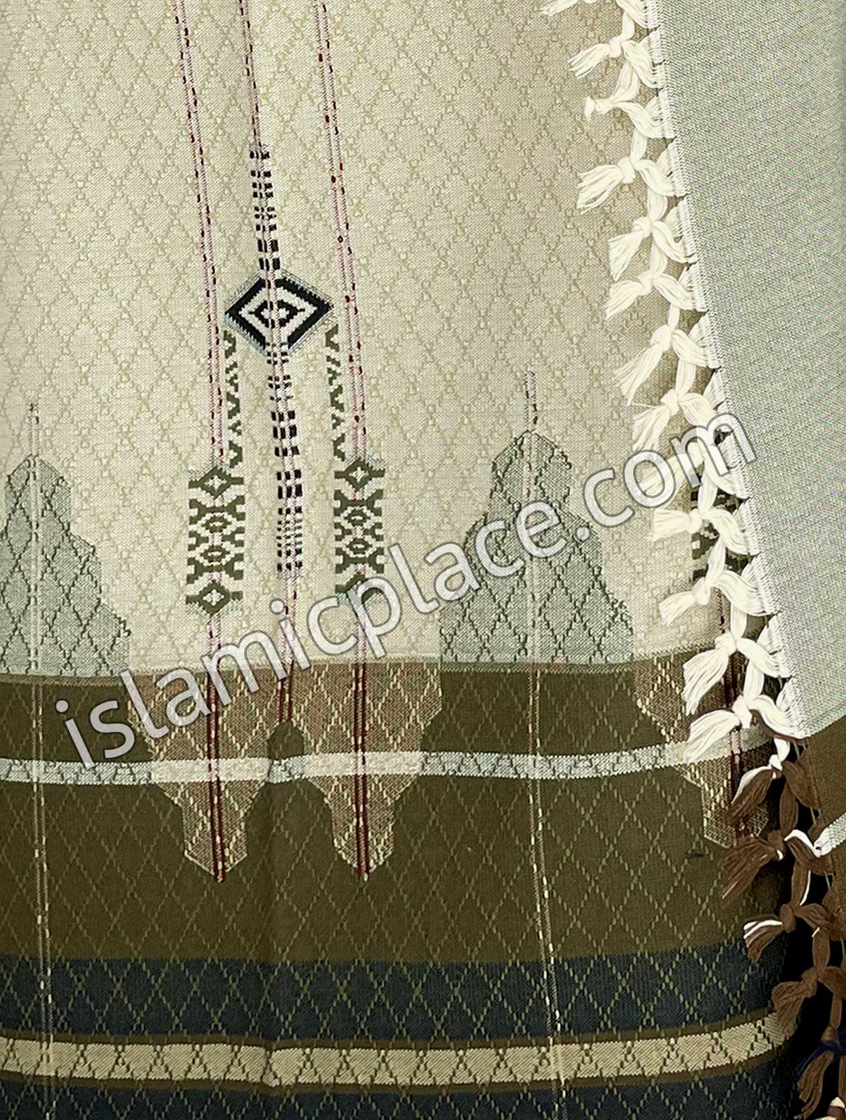 Cream with Olive and Black - Mujahid Design Men Yemeni Lungi Izzar
