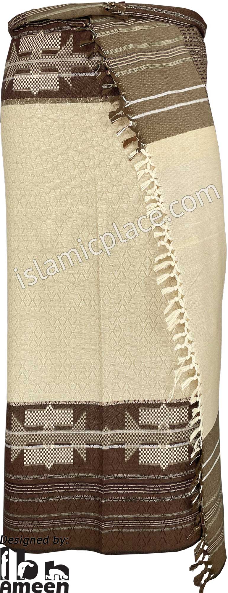 Cream with Brown and Burgundy - Abu Bakr Design Men Yemeni Lungi Izzar