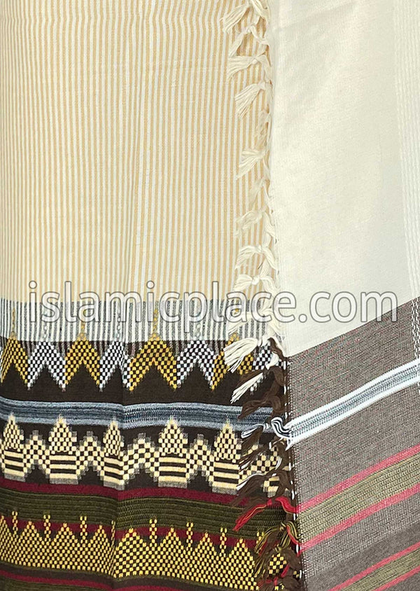 Off White and Brown - Ibrahim Design Men Yemeni Lungi Izzar - The