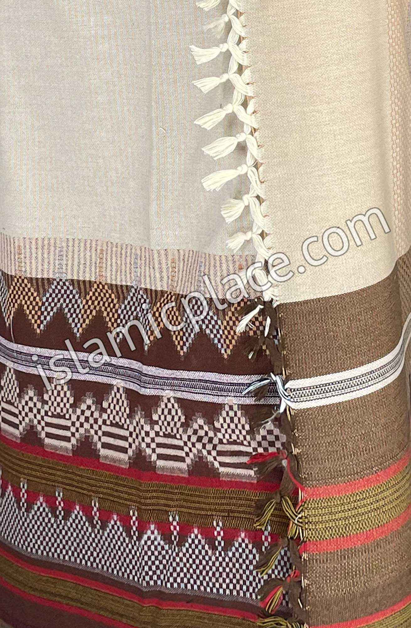 Cream with Brown and Burgundy - Ibrahim Design Men Yemeni Lungi Izzar