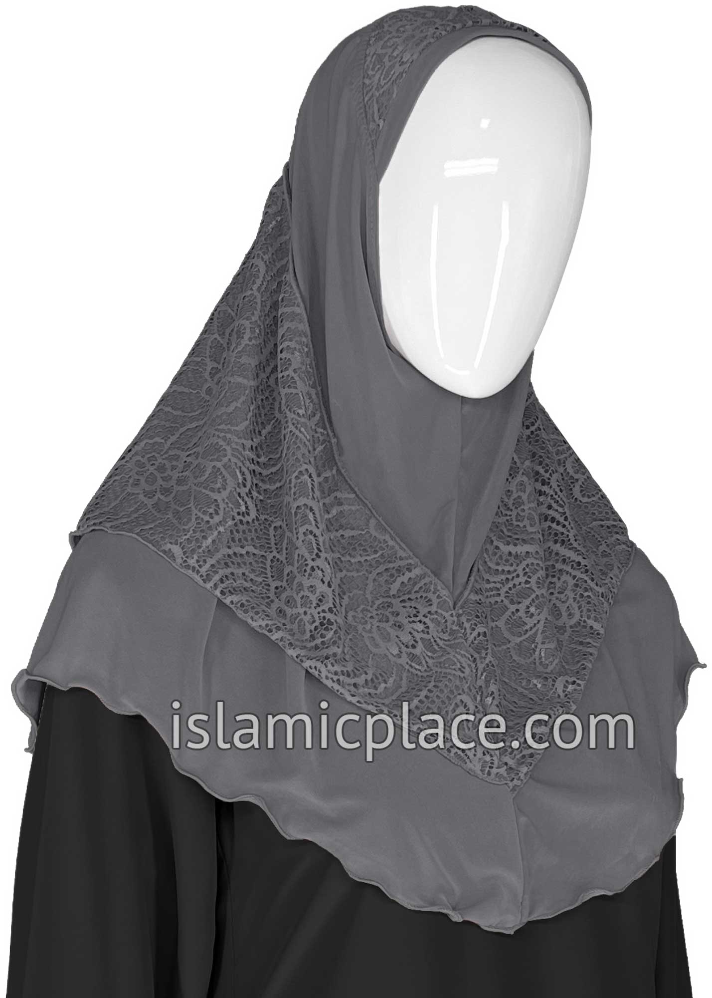 Gray - Luxurious Net Style Teen to Adult (Large) Hijab Al-Amira (1-piece style) - Design 14