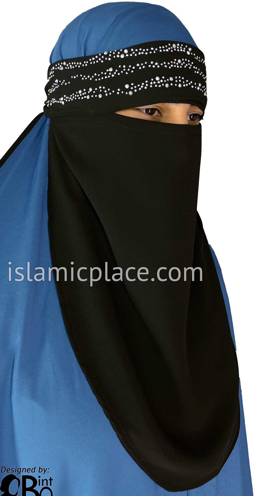 Silver Stones on Black Niqab - Three Glittery Stripes Design 10