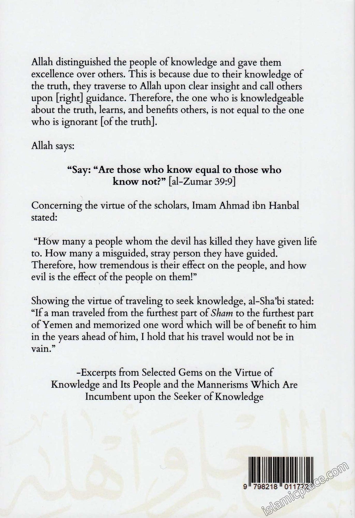 Selected Gems On the Virtue of Knowledge and Its People And the Mannerisms Which Are Incumbent Upon the Seeker of Knowledge