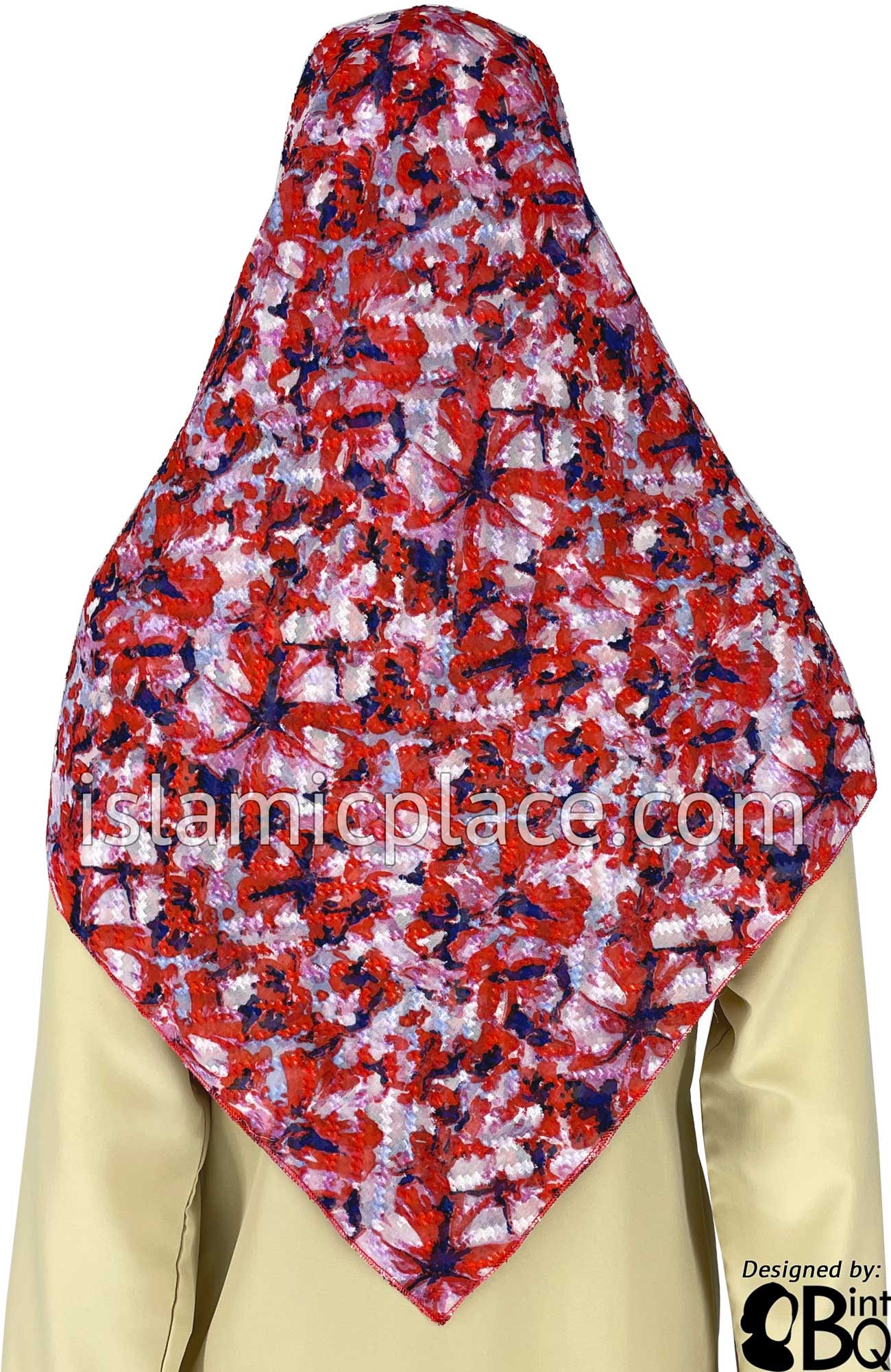 Red, Navy, White, and Pink Abstract Floral Design - 45" Square Printed Khimar