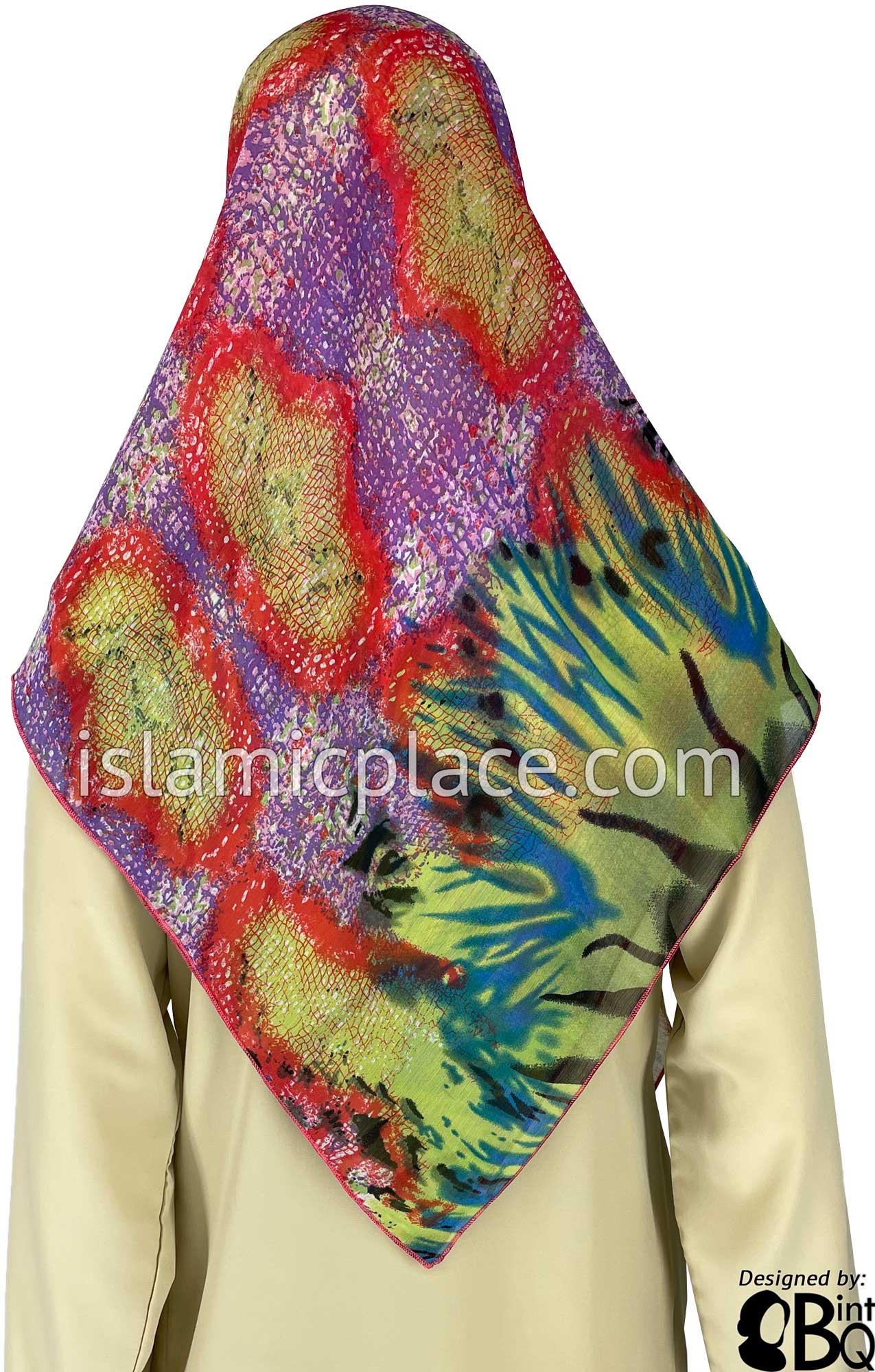 Red, Purple, Pear Green, Blue and Black Abstract Collage - 45" Square Printed Khimar