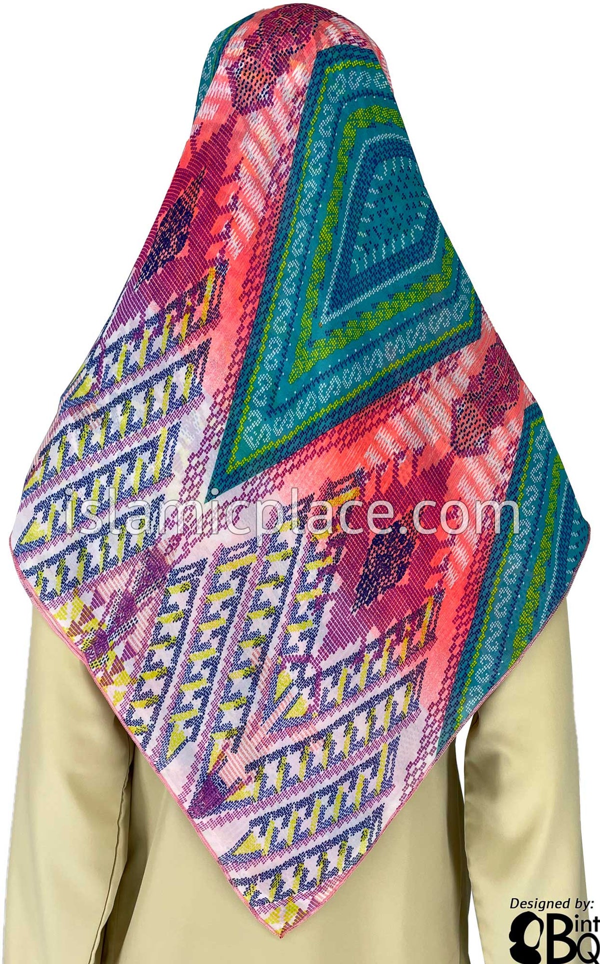 Plum, Coral, Navy, Yellow and Turquoise on White Dotted Diamond Shape Design - 45&quot; Square Printed Khimar