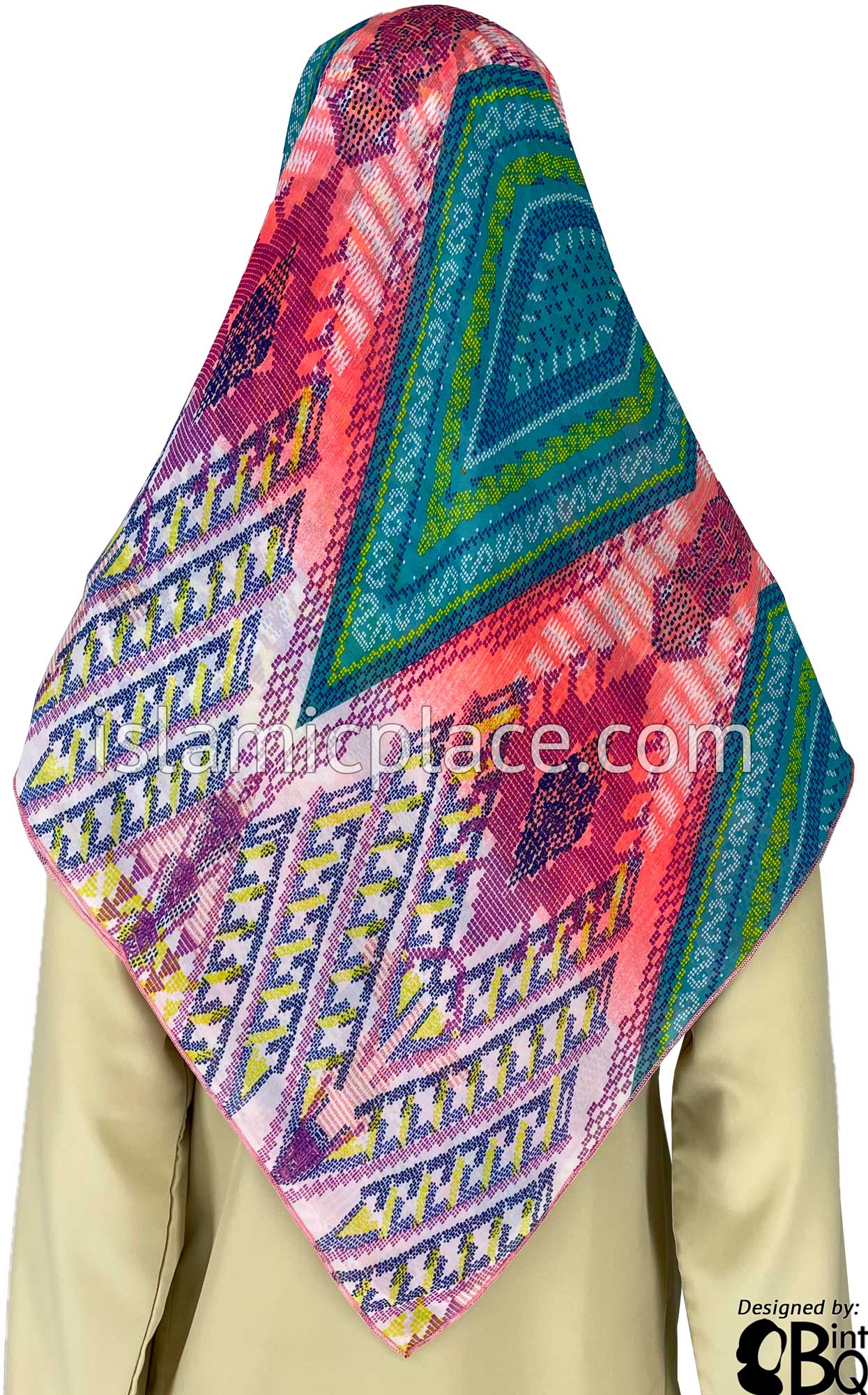 Plum, Coral, Navy, Yellow and Turquoise on White Dotted Diamond Shape Design - 45" Square Printed Khimar