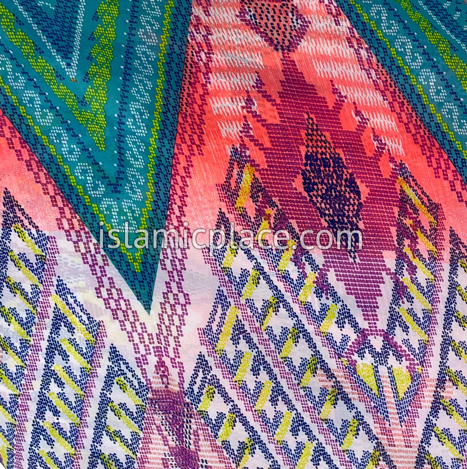 Plum, Coral, Navy, Yellow and Turquoise on White Dotted Diamond Shape Design - 45" Square Printed Khimar