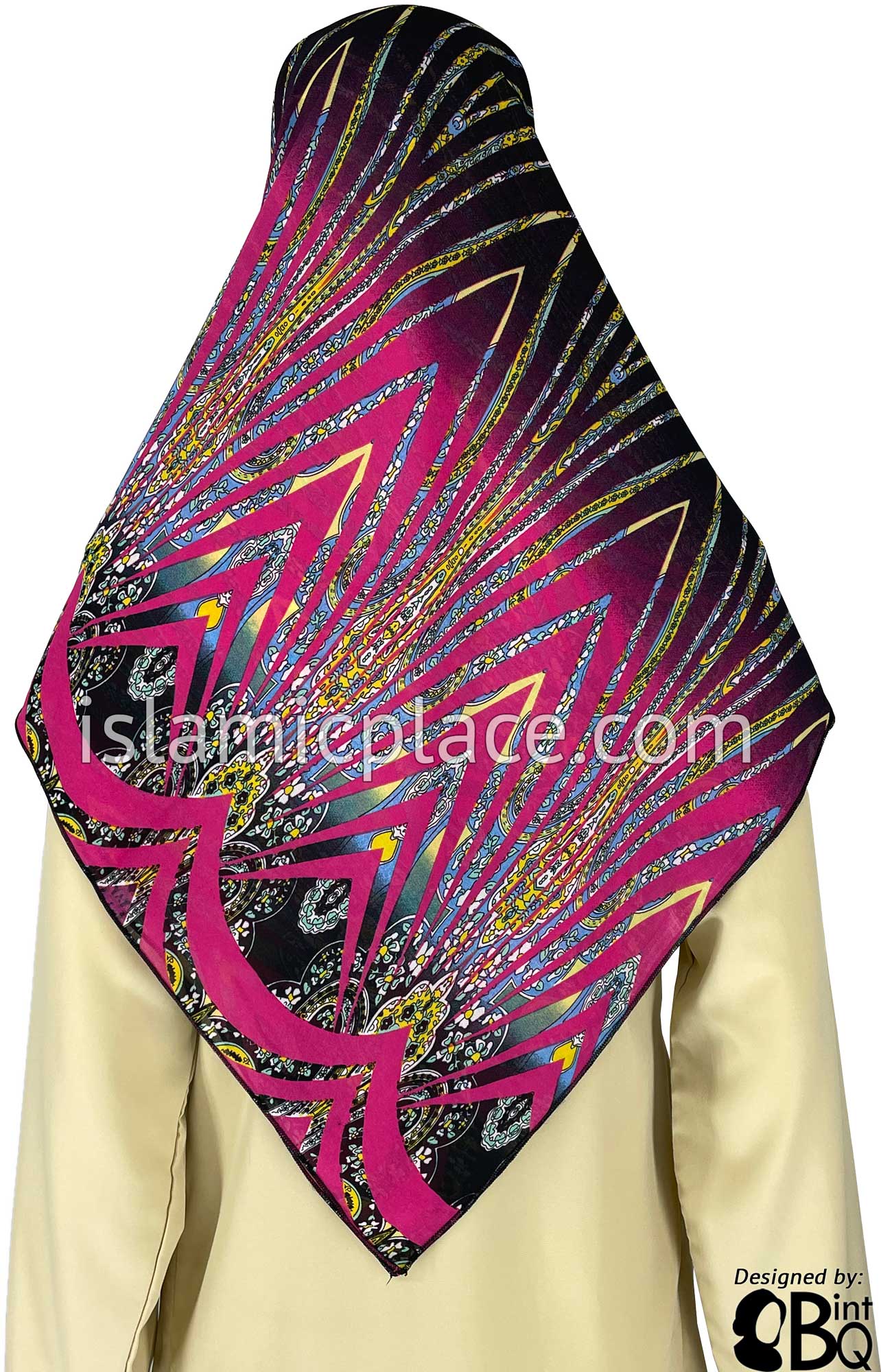 Fuchsia Pink, Yellow, Sky Blue, White, and Black psychedelic Design - 45" Square Printed Khimar