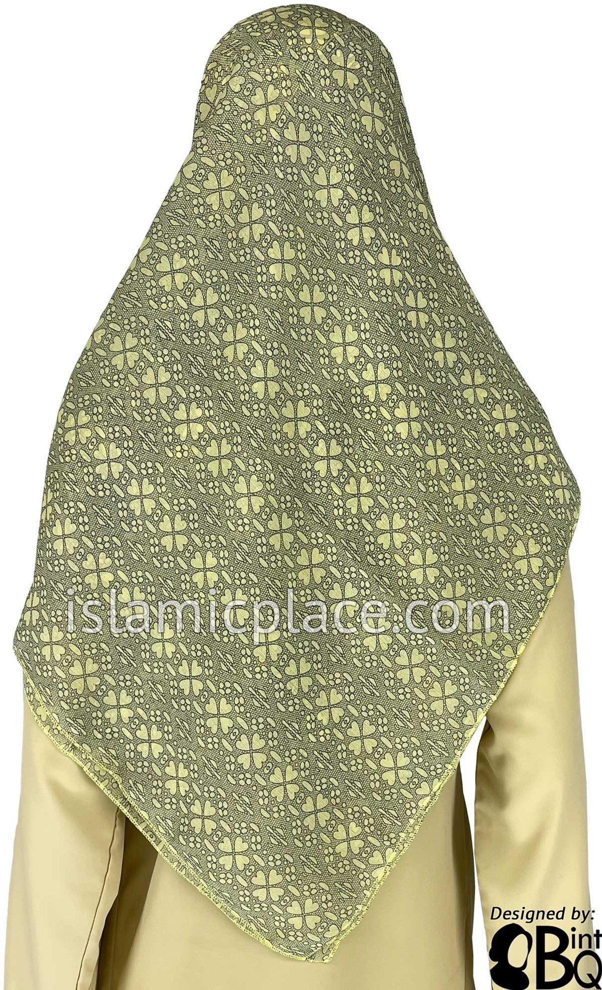 Mustard Green with Yellowish Pattern - 45&quot; Square Printed Khimar