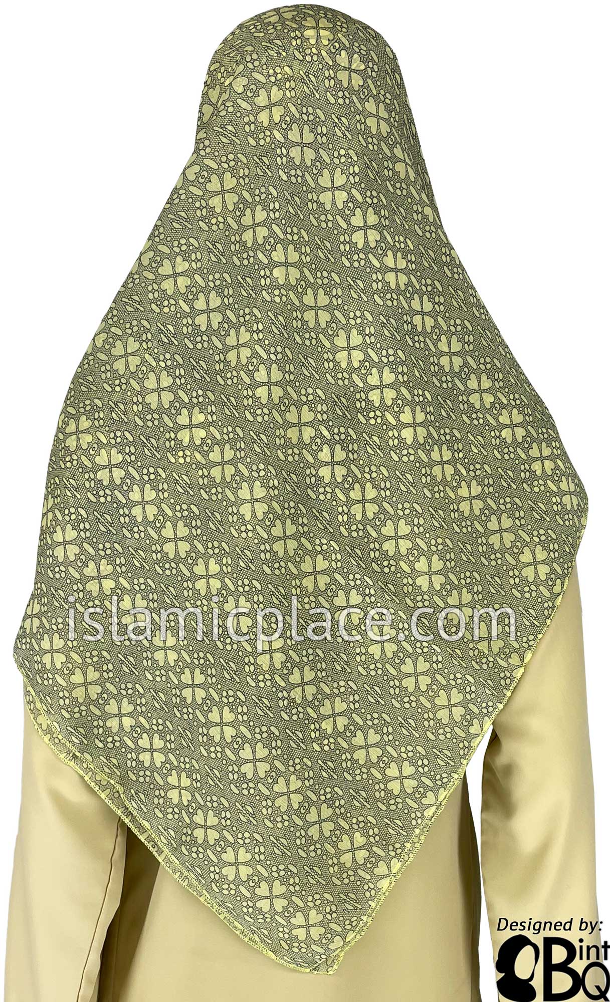 Mustard Green with Yellowish Pattern - 45" Square Printed Khimar