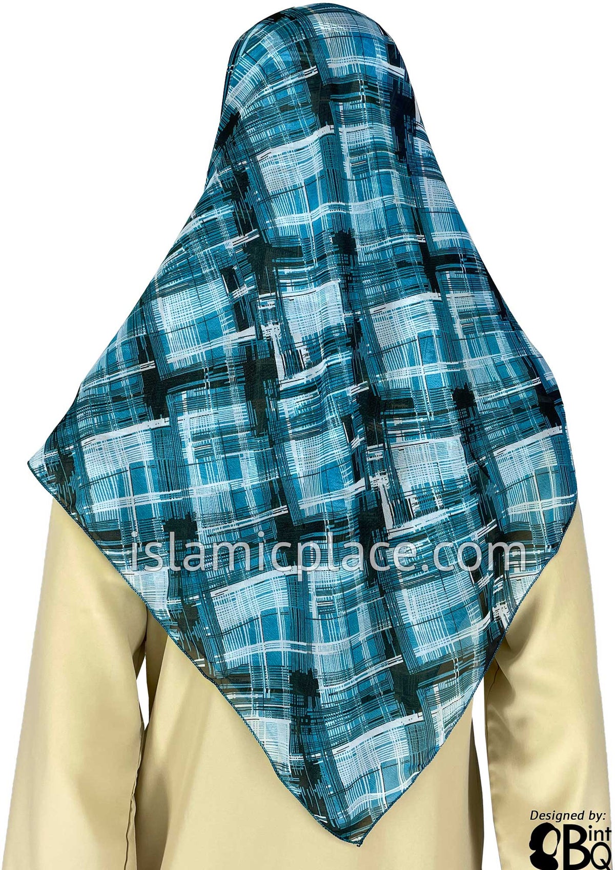 White and Black lines on Teal Blue - 45&quot; Square Printed Khimar