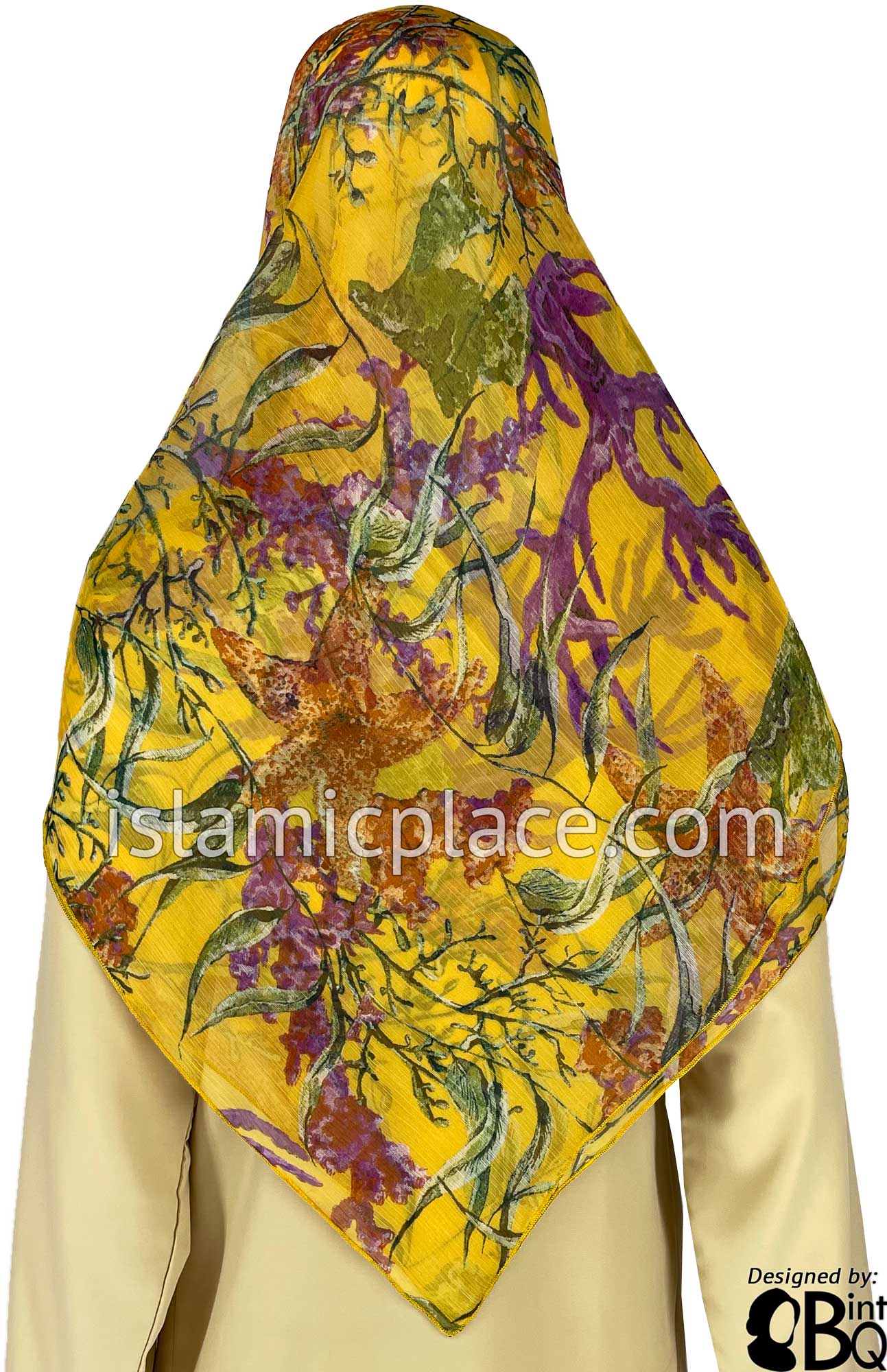 Green, Plum, Mustard Yellow on Green Branches and Floral Design - 45" Square Printed Khimar