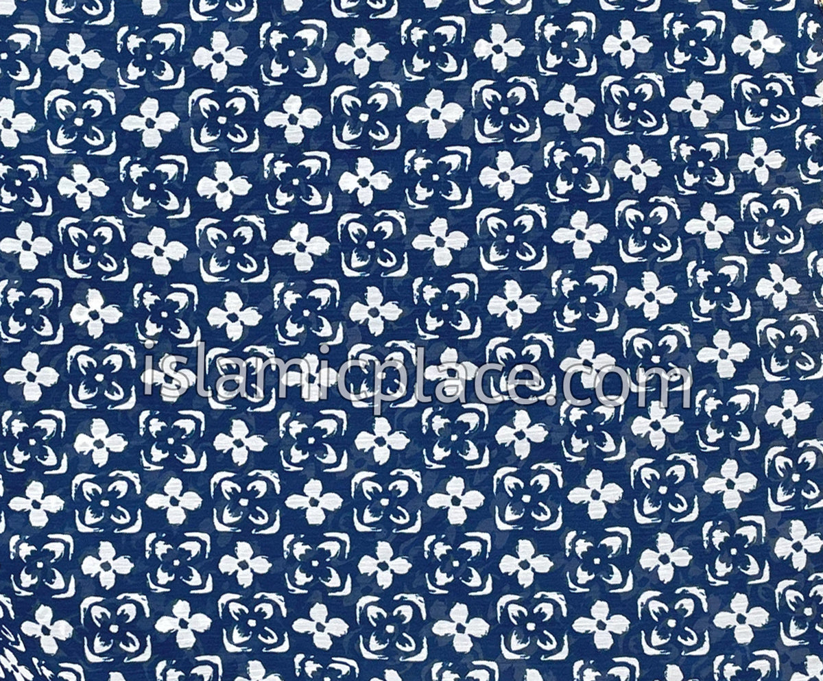 Navy Blue and White Floral Grid - 45" Square Printed Khimar