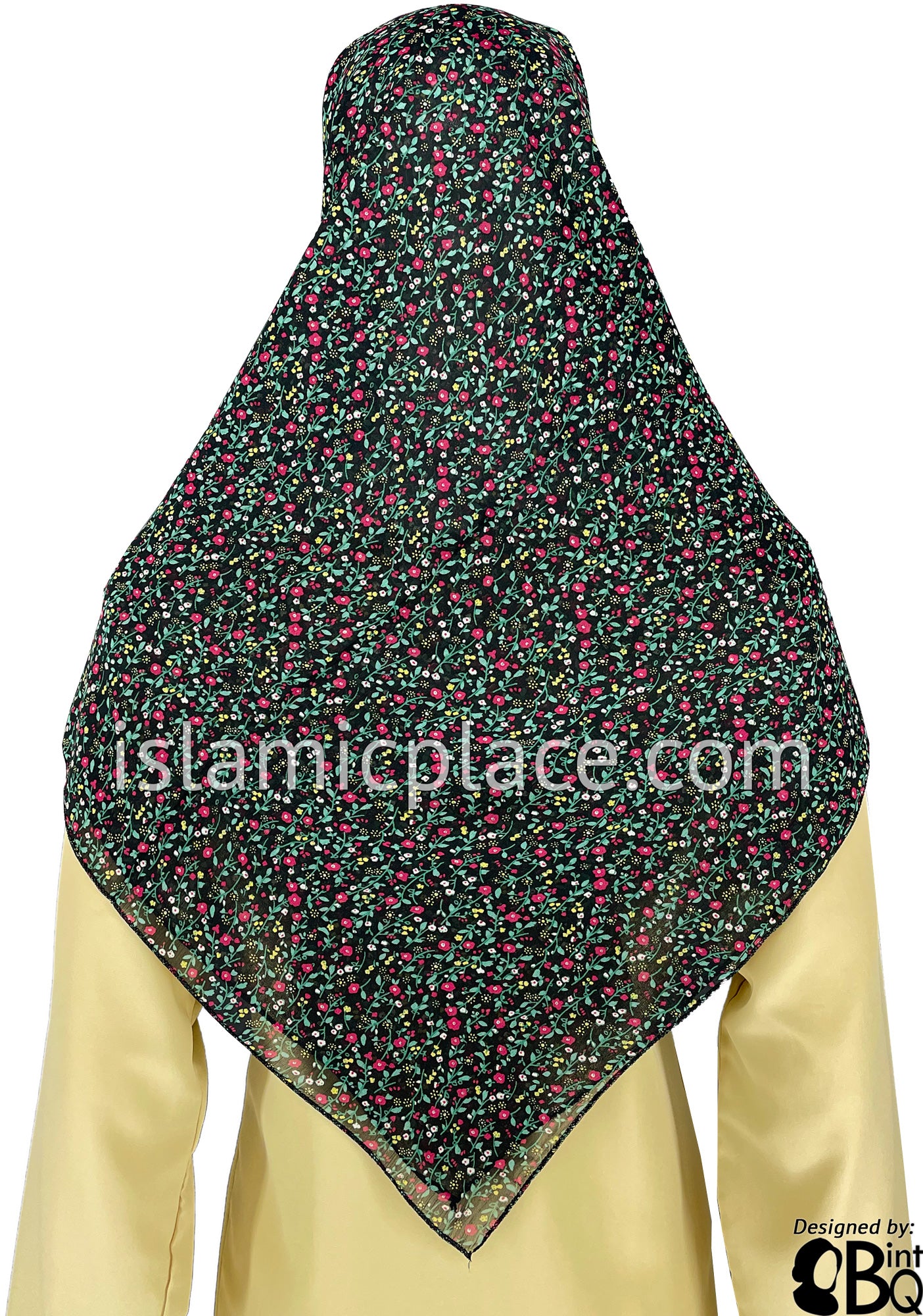 Neon Pink, Green, Yellow, on Black Graffiti Floral Design - 45" Square Printed Khimar