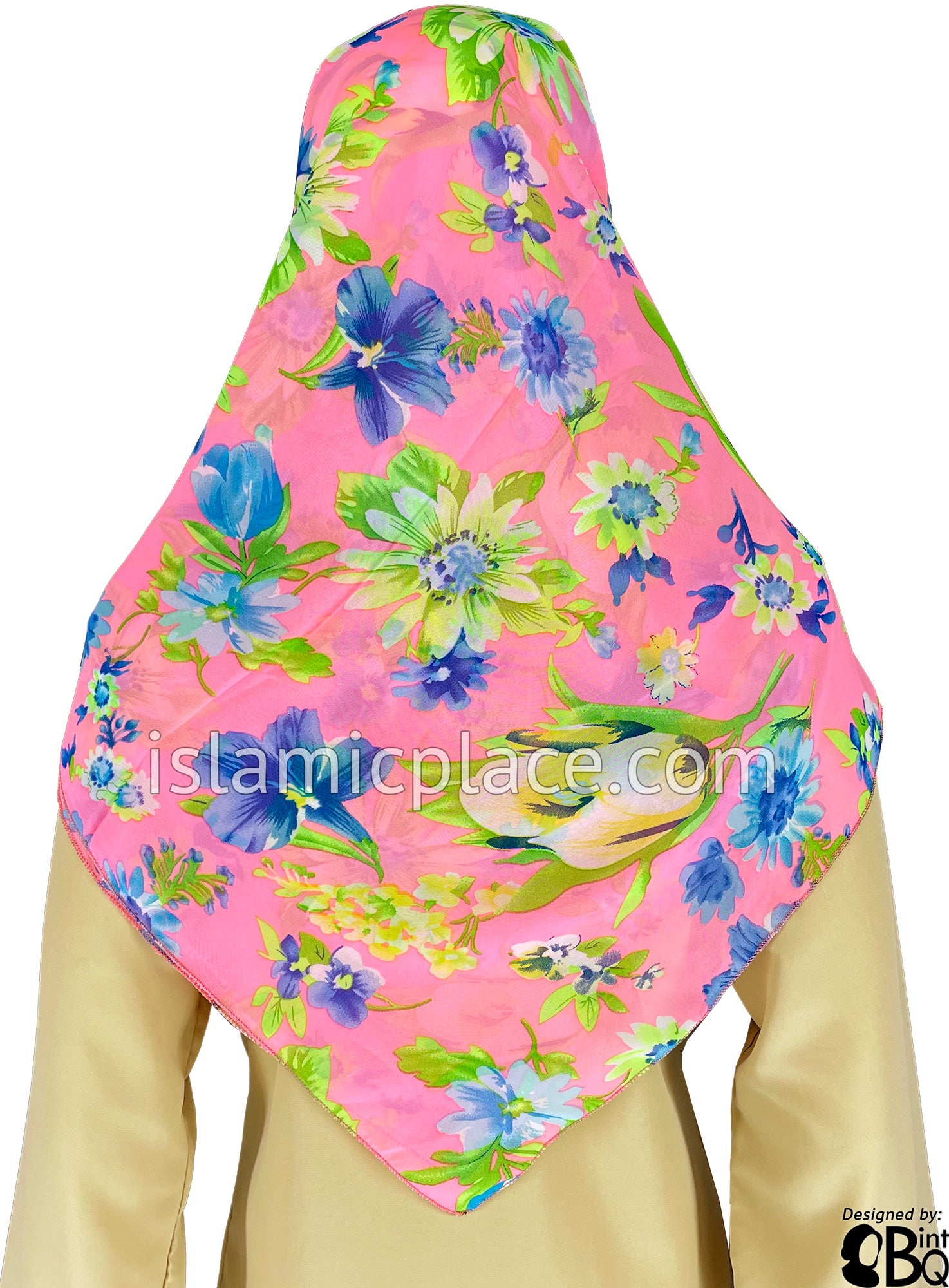 Lime Green, Navy Blue, Yellow, and Neon Pink Floral Design - 45" Square Printed Khimar