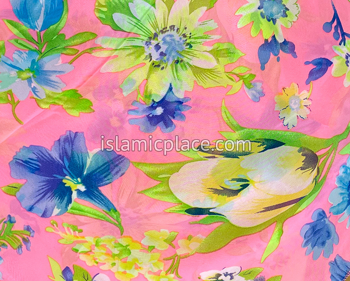 Lime Green, Navy Blue, Yellow, and Neon Pink Floral Design - 45" Square Printed Khimar