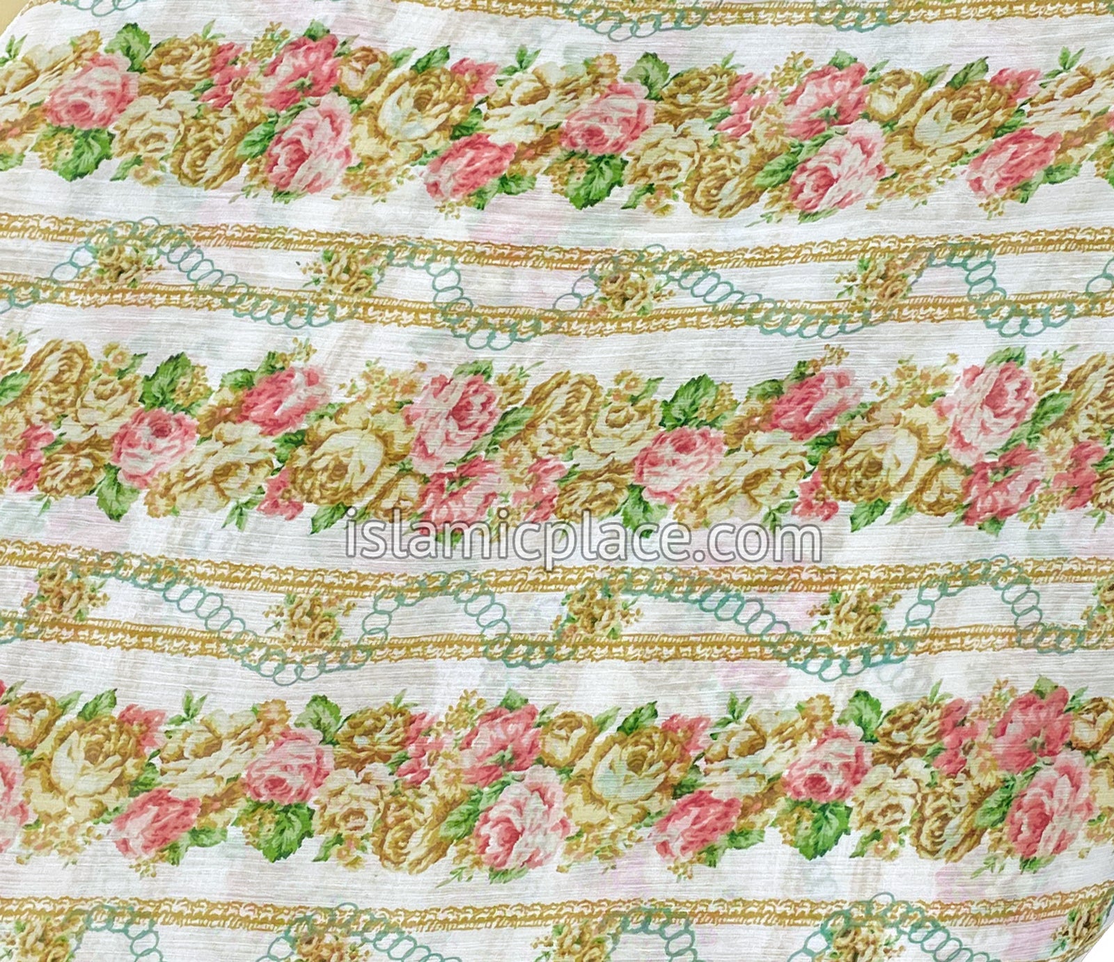 Pink, Green, Tan on White Flower Bush Pattern - 45" Square Printed Khimar