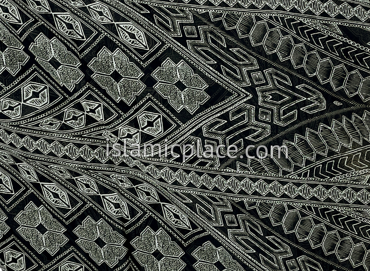 Gray and White on Black Aztec Design - 45" Square Printed Khimar