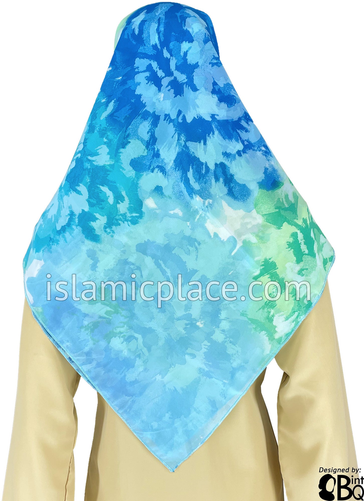 Turquoise, Blue, Lime Green and Pastel Green Abstract Floral Design - 45" Square Printed Khimar