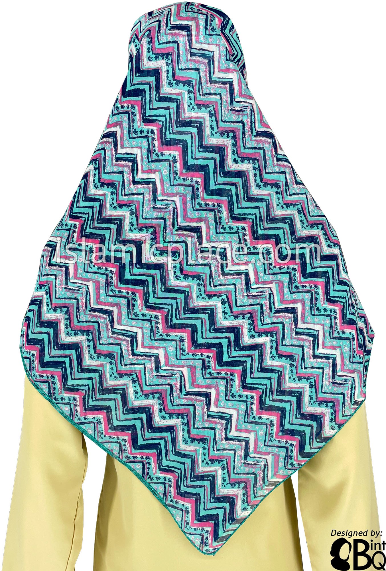 Turquoise, Neon Pink, White and Navy Blue Zig Zag Pattern - 45" Square Printed Khimar
