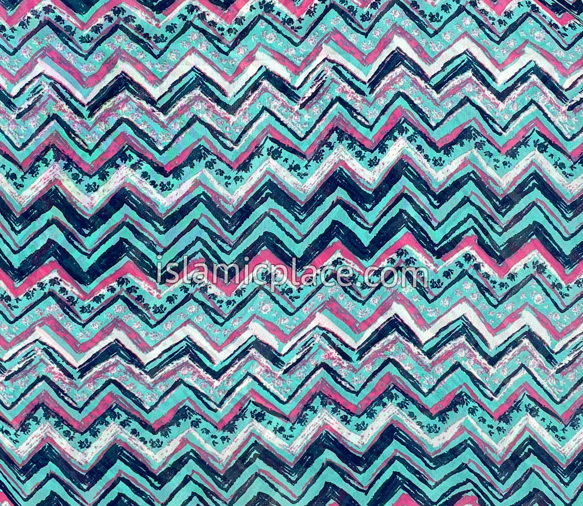 Turquoise, Neon Pink, White and Navy Blue Zig Zag Pattern - 45" Square Printed Khimar