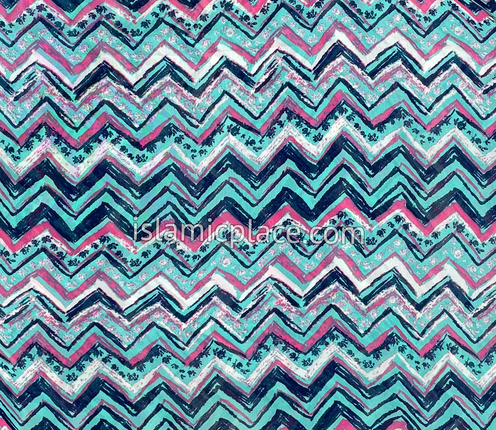 Turquoise, Neon Pink, White and Navy Blue Zig Zag Pattern - 45" Square Printed Khimar