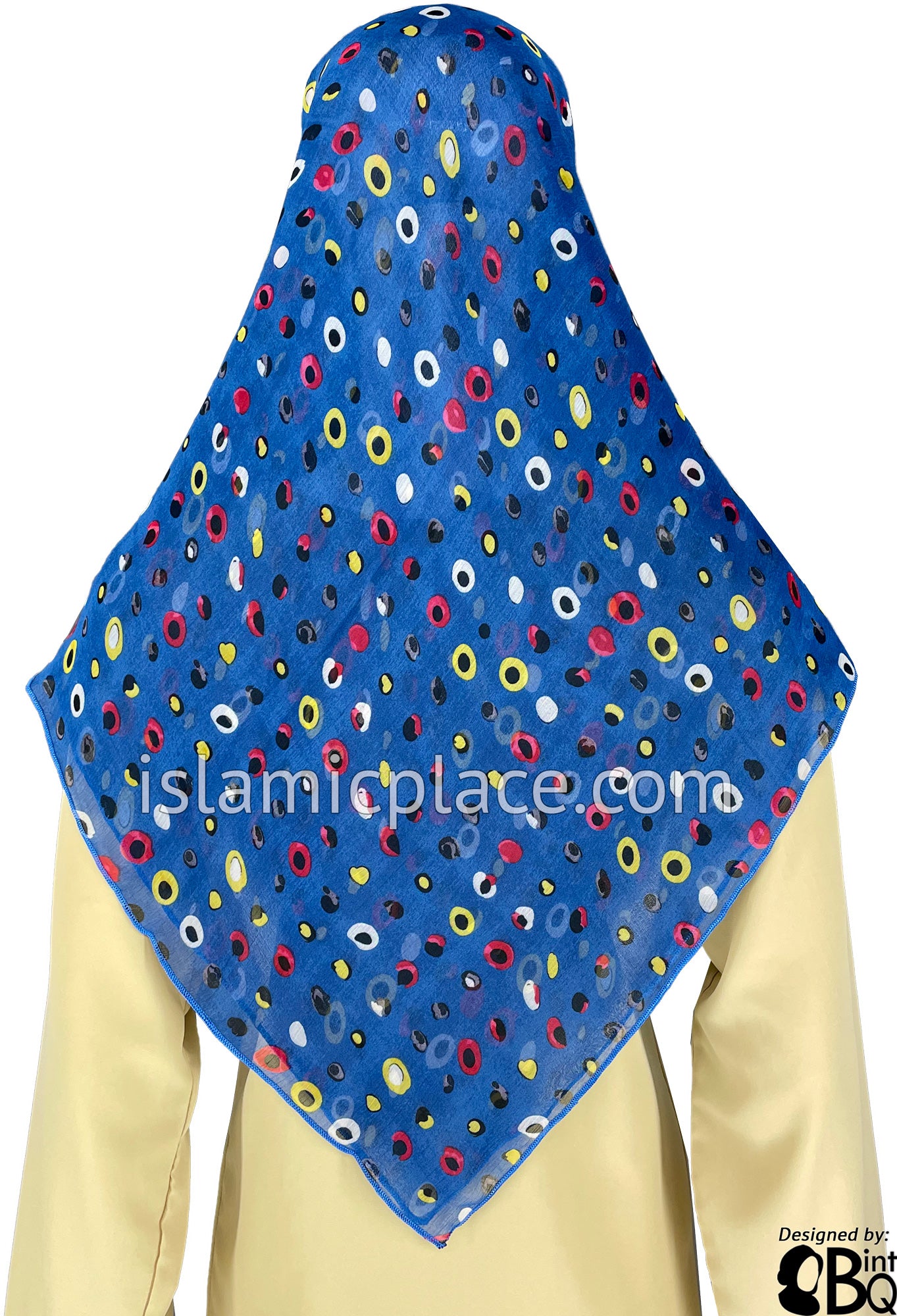 Yellow, Neon Pink, White and Black Circles on Royal Blue - 45" Square Printed Khimar