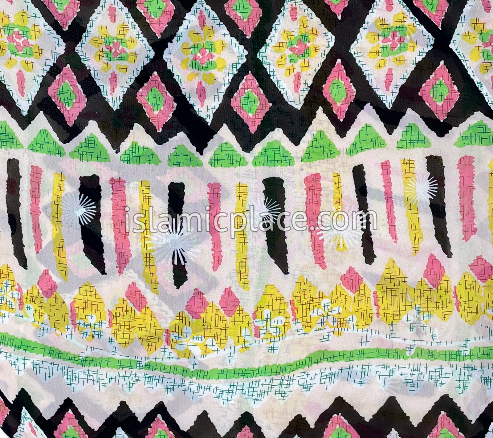 Yellow, Pink, Green and Black Aztec Art - 45" Square Printed Khimar