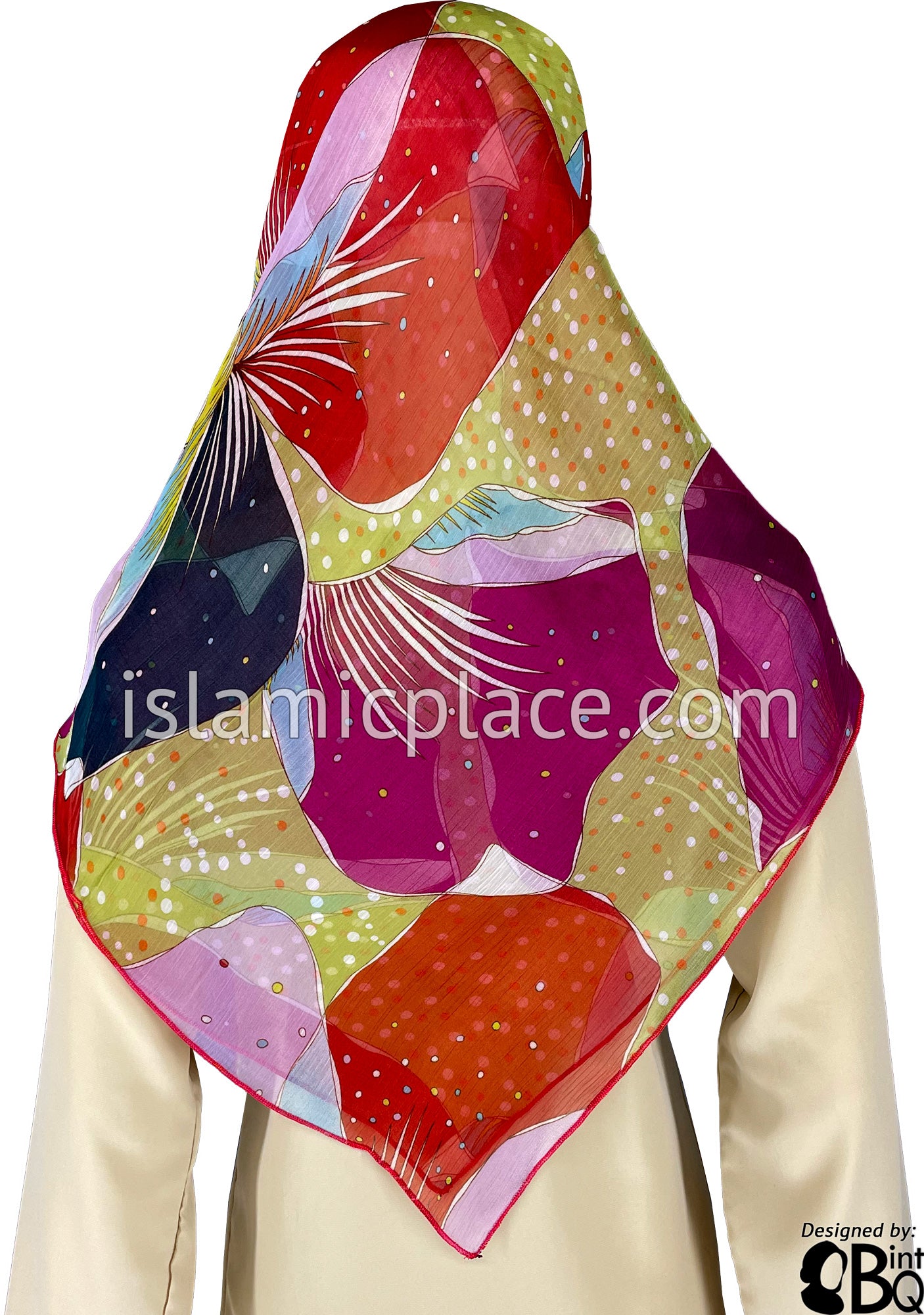 Fuchsia Pink, Red, Lime Green and White Jumbo Flower Petals Design - 45" Square Printed Khimar