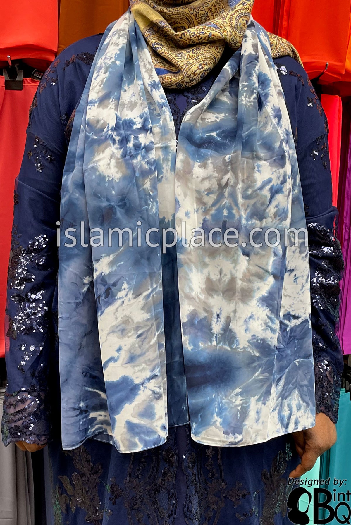 Navy Blue - Tie Dye Georgette Shayla Long Rectangle Hijab 28"x70"